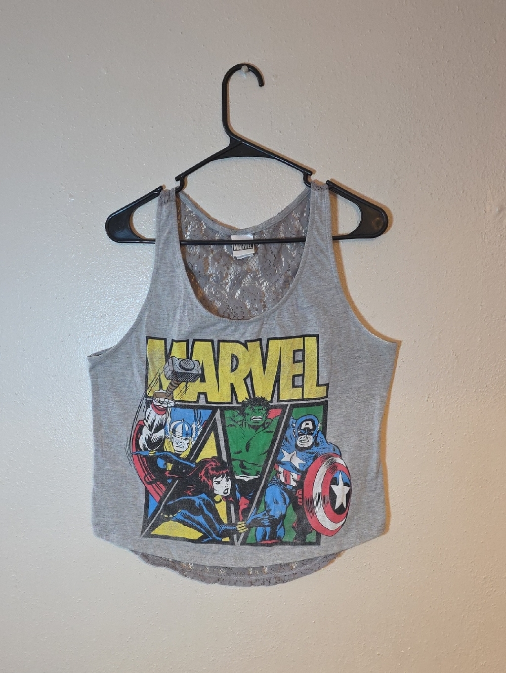 Marvel Grey Tank Top with Lace Back And Multicolor Avengers Graphic 11-13